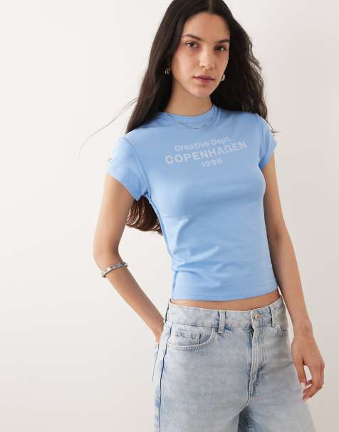 ASOS DESIGN - Lyseblå krympet T-shirt med synlige sømme og Copenhagen-grafik - view 1