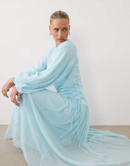 ASOS DESIGN - Lyseblå langærmet maxikjole i chiffon med bindedetalje, 4 af 4