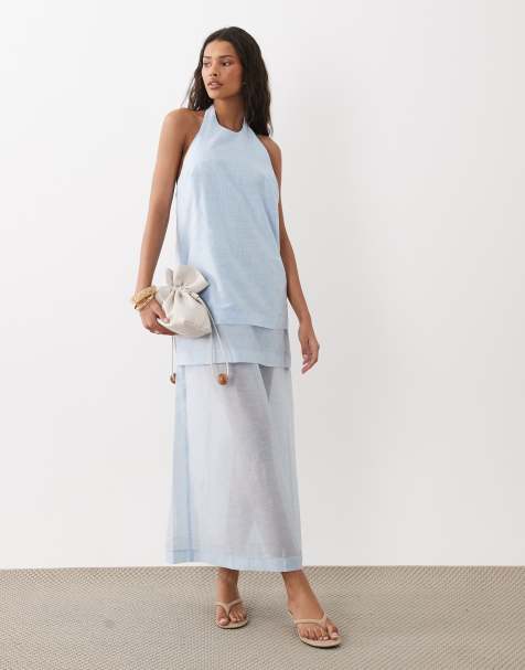 ASOS DESIGN - Lyseblå midikjole i flere lag med halterneck og søjlesnit - view 1