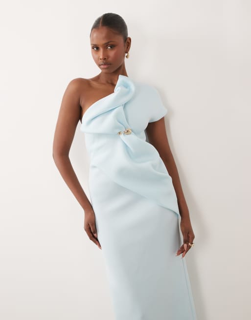 ASOS DESIGN - Lyseblå midikjole i scubalignende materiale med asymmetrisk snit og oneshoulder-design samt metaldetalje, 2 af 4