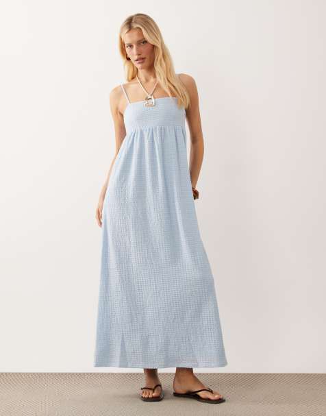 ASOS DESIGN - Lyseblå midikjole med tekstur og firkantet halsudskæring - view 1
