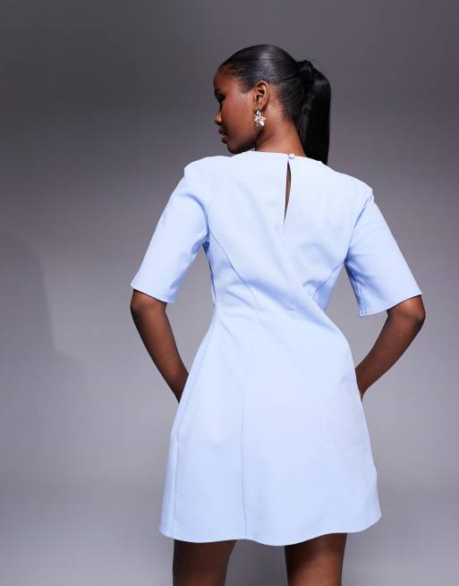 ASOS DESIGN - Lyseblå minikjole med korte ærmer, sømdetaljer og nederdel i dome-stil, 3 af 4