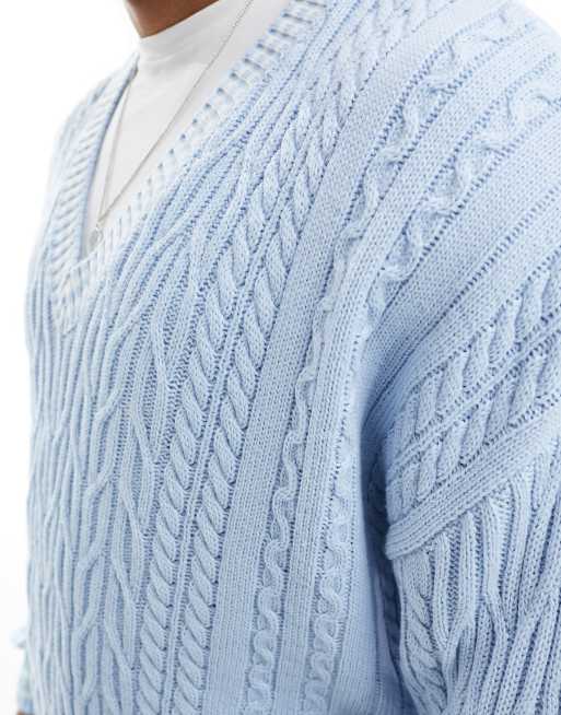 ASOS DESIGN - Lyseblå og oversized krickettrøje i kabelstrik med hvide kantstriber, 3 af 4