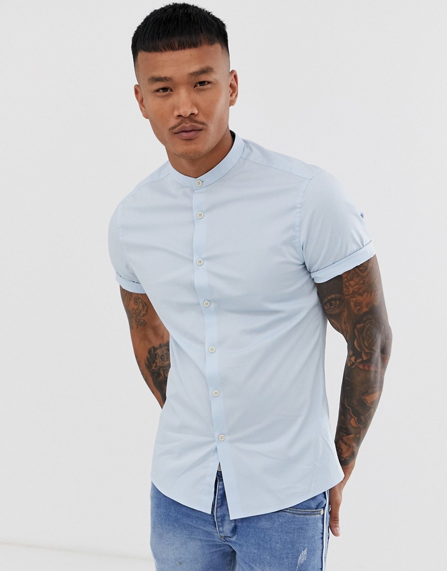 ASOS DESIGN - Lyseblå skjorte i skinny pasform med stretch og grandad-krave