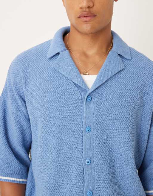 ASOS DESIGN - Lyseblå strikket afslappet poloskjorte med gennemgående knapper - Del af sæt, 5 af 5