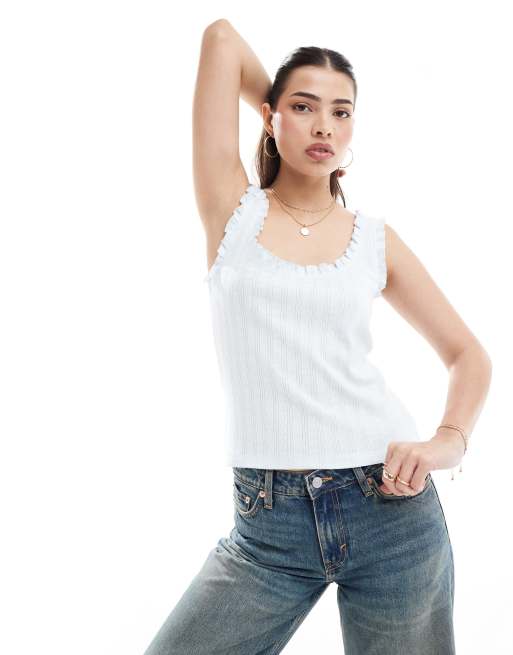 ASOS DESIGN - Lyseblå tanktop i pointelle-strik med flæser