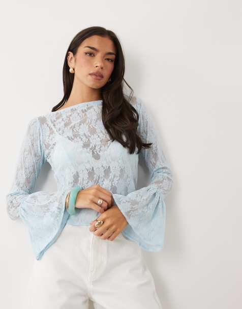 ASOS DESIGN - Lyseblå top med trompetærmer med tætsiddende ærmekanter i gennemsigtigt blondestof - view 1