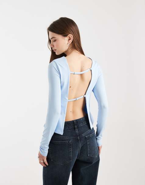 ASOS DESIGN - Lyseblå tætsiddende top med åben ryg og lange ærmer - view 1