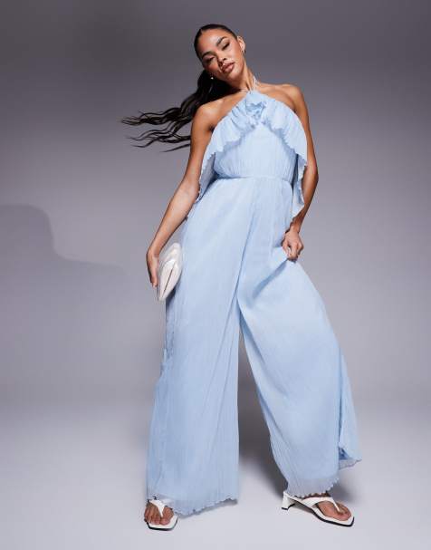 ASOS DESIGN - Lyseblåt og tekstureret halterneck-jumpsuit med brede ben og flæser - view 1