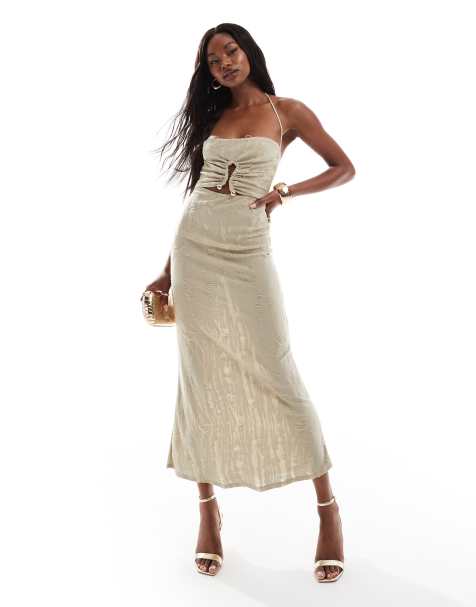 ASOS DESIGN - Lysebrun cami-midikjole med tekstur og metaldetalje ved kanten - view 1