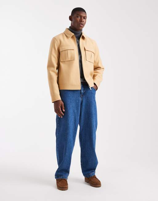 ASOS DESIGN - Lysebrun Harrington-jakke i uldlook med plisserede lommer, 2 af 5