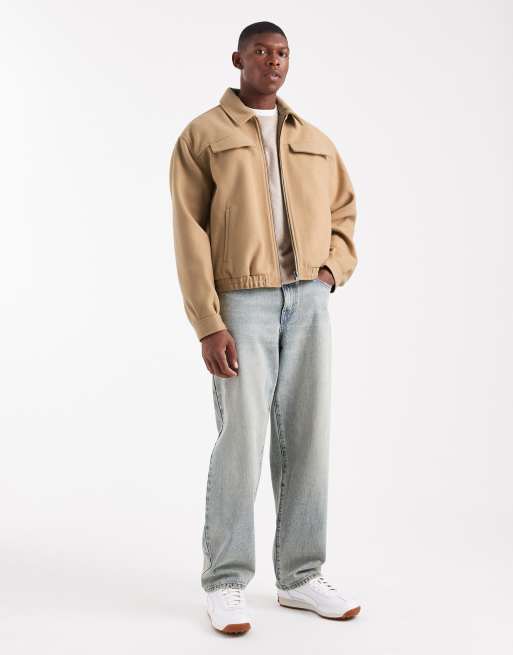 ASOS DESIGN - Lysebrun Harrington-jakke med firkantet pasform i uldlook, 2 af 5