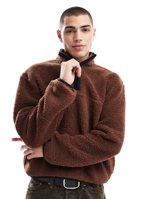 ASOS DESIGN - Lysebrun, oversized og firkantet sweatshirt i plys med kvart lynlås