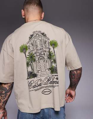 ASOS DESIGN - Lysebrun T-shirt i firkantet og oversized pasform med print foran og bagpå - view 1
