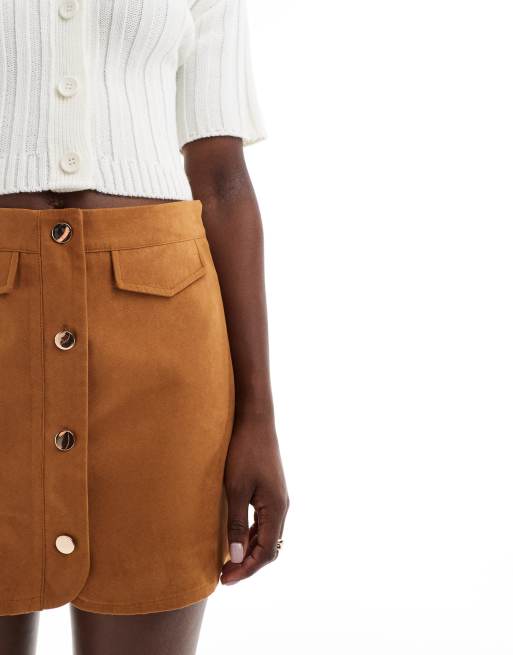 ASOS DESIGN - Lysebrunt skort med knapper foran og lommedetalje i imiteret ruskind, 4 af 5