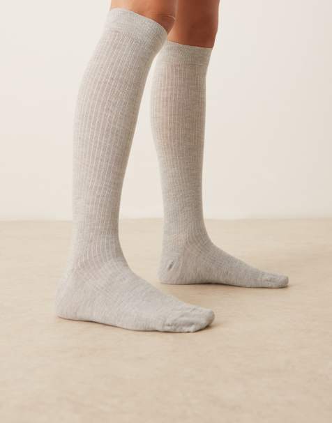 ASOS DESIGN - Lysegrå melerede knæsokker i fin ribstrik - view 1