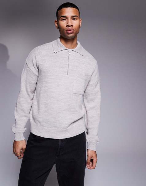 ASOS DESIGN - Lysegrå og strikket polo med lynlås i halsen og brystlomme i afslappet og firkantet pasform - view 1