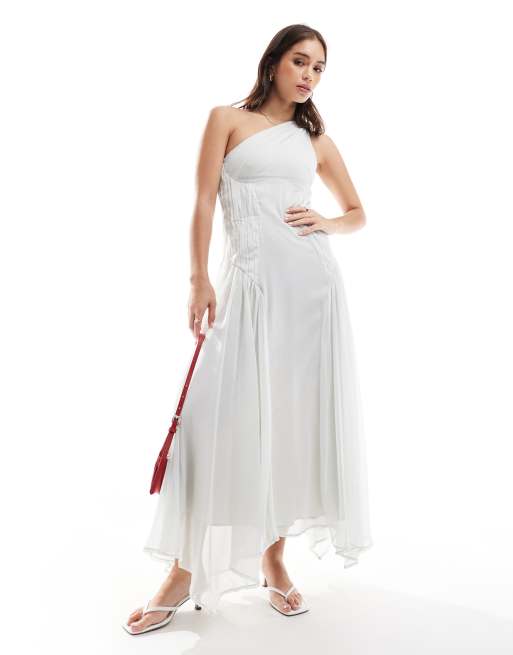 ASOS DESIGN - Lysegrå oneshoulder-midikjole med rynket sidepanel