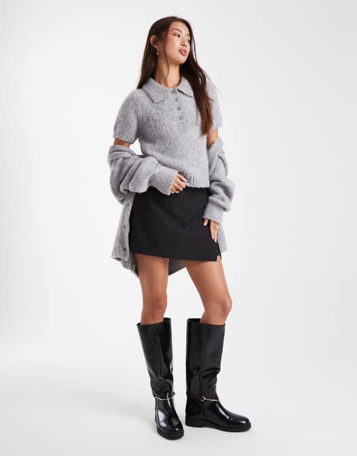 ASOS DESIGN - Lysegrå polotrøje med korte ærmer i børstet strik - Del af sæt, 3 af 4