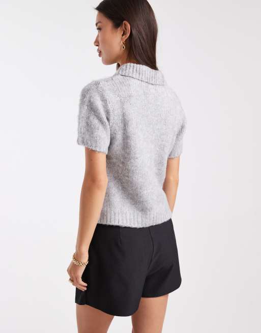 ASOS DESIGN - Lysegrå polotrøje med korte ærmer i børstet strik - Del af sæt, 4 af 4