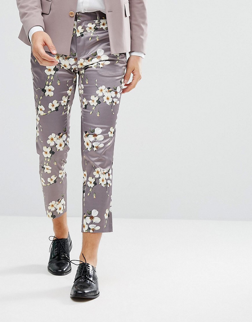 ASOS DESIGN – Lysegrå, skinny cropped smarte bukser med blomsterprint