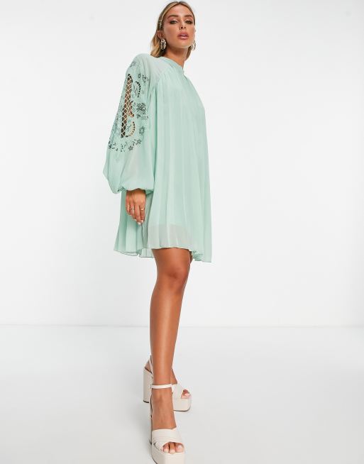 ASOS DESIGN - Lysegrøn, plisseret babydoll-minikjole med oversized ærmer med udskæringer, 4 af 4
