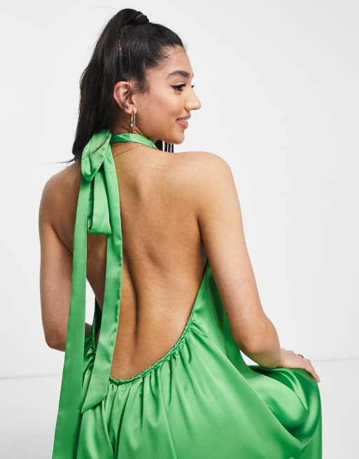 ASOS DESIGN - Lysegrøn rygløs halterneck-jumpsuit i satin med brede ben, 2 af 4