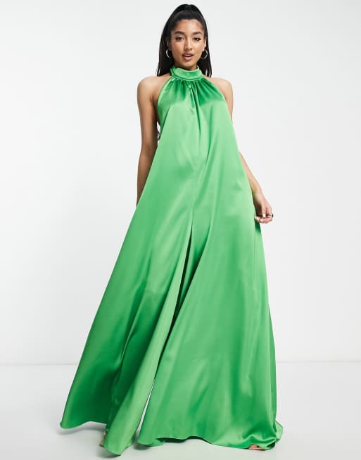 ASOS DESIGN - Lysegrøn rygløs halterneck-jumpsuit i satin med brede ben, 3 af 4