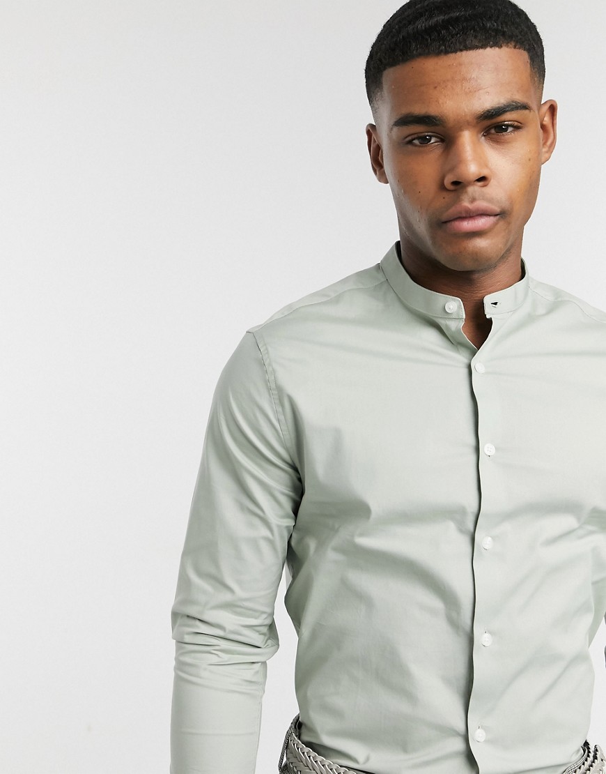 ASOS DESIGN - lysegrøn skjorte i skinny fit shirt med stræk og med grandad-krave