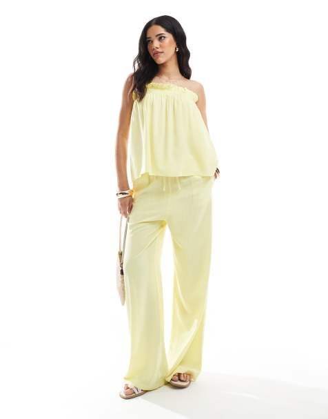ASOS DESIGN - Lysegul bandeau-top med flæser i hørlook - Del af sæt - view 1