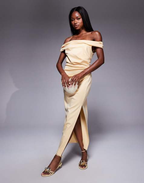 ASOS DESIGN - Lysegul bodycon-midikjole med bardot-snit og snoning - view 1