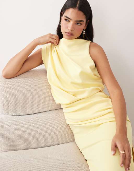 ASOS DESIGN - Lysegul draperet midikjole med struktur og slids, 2 af 4