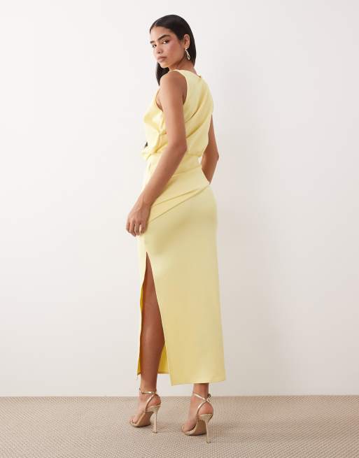 ASOS DESIGN - Lysegul draperet midikjole med struktur og slids, 4 af 4