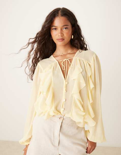 ASOS DESIGN - Lysegul longline bluse i chiffon med flæser - view 1