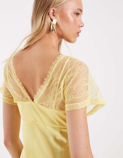 ASOS DESIGN - Lysegul maxikjole med V-hals og blondedetaljer i satin, 3 af 4