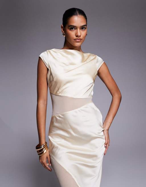 ASOS DESIGN - Lysegul midikjole i satin med vingeærmer og gennemsigtige chiffonpaneler, 4 af 4