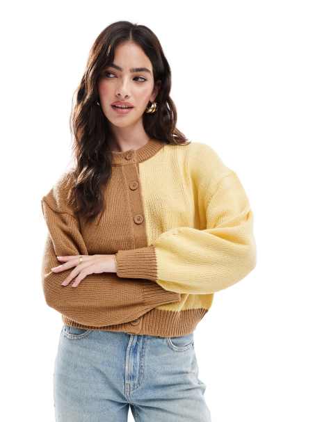 ASOS DESIGN - Lysegul/mokkabrun cardigan med bananærmer i firkantet pasform - view 1