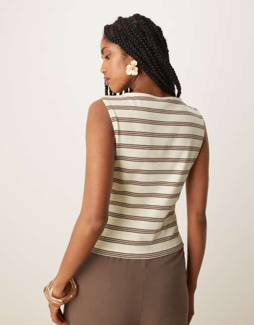 ASOS DESIGN - Lysegul og ærmeløs top med ribber og striber samt knapper - Del af sæt, 3 af 4