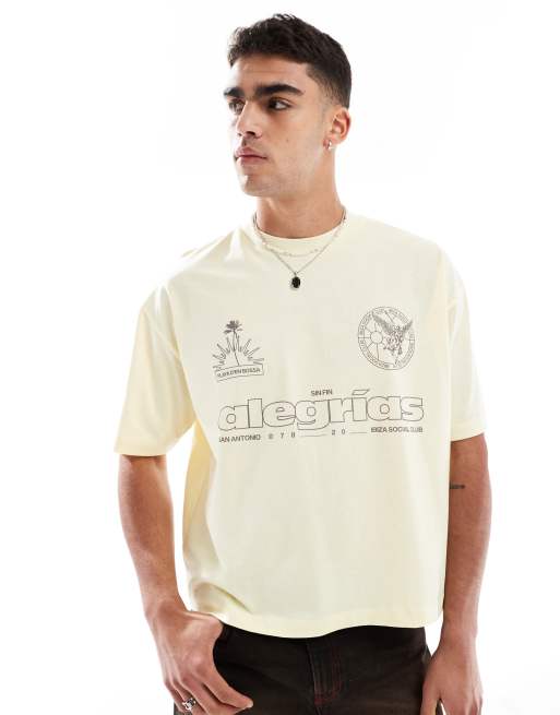 ASOS DESIGN - Lysegul oversized T-shirt med med sportsgrafik i kraftigt stof på 240 gsm i firkantet pasform