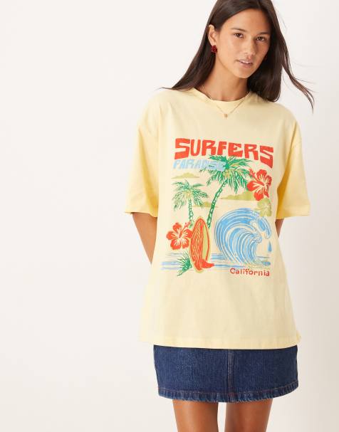 ASOS DESIGN - Lysegul oversized T-shirt med surfergrafik - view 1