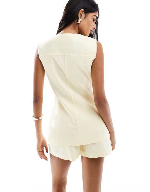 ASOS DESIGN - Lysegul skræddersyet longline-habitvest i hørblanding, 4 af 4