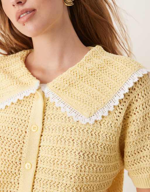 ASOS DESIGN - Lysegul strikket cardigan med sømdetaljer, bindebånd foran og krave, 3 af 4