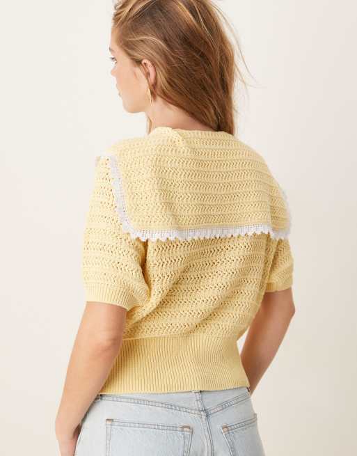 ASOS DESIGN - Lysegul strikket cardigan med sømdetaljer, bindebånd foran og krave, 4 af 4