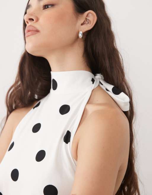 ASOS DESIGN - Lysegul top med asymmetrisk snit og halterneck samt sorte polkaprikker, 4 af 4
