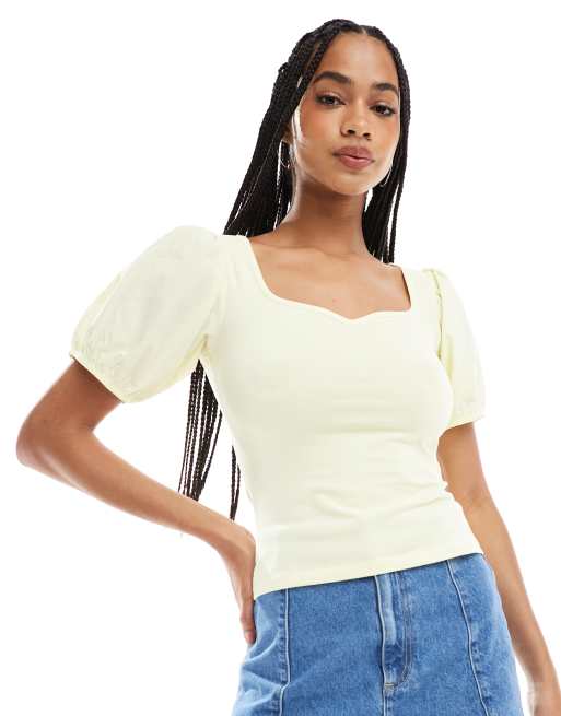 ASOS DESIGN - Lysegul top med pufærmer og hjerteformet hals i poplinblanding
