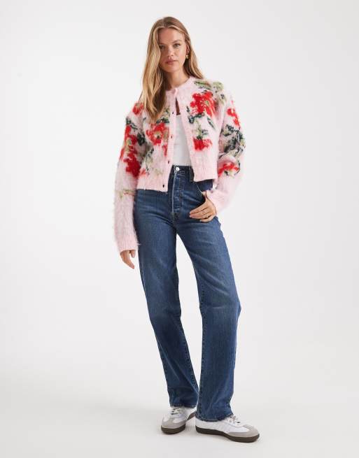 ASOS DESIGN - Lyserød afslappet cardigan med børstet finish og blomstermønster, 2 af 4