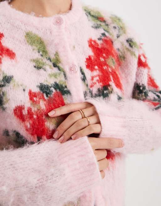 ASOS DESIGN - Lyserød afslappet cardigan med børstet finish og blomstermønster, 4 af 4