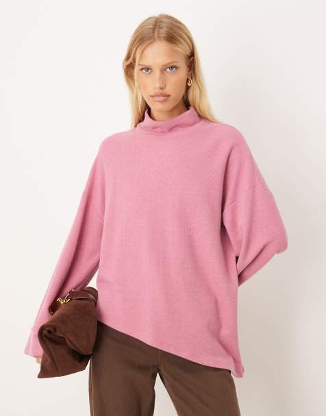 ASOS DESIGN - Lyserød asymmetrisk blød trøje med manchetter med opsmøg - view 1