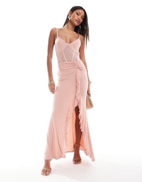 ASOS DESIGN - Lyserød cami-maxikjole med korsetdetaljer og flæse-slids i gennemsigtigt mesh - view 1