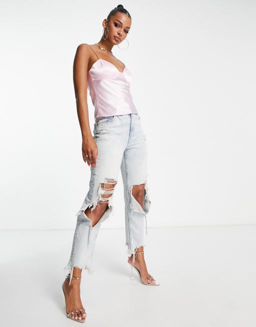 ASOS DESIGN - Lyserød cami-top i satin med skåldetalje og rhinstens-stropper, 3 af 4